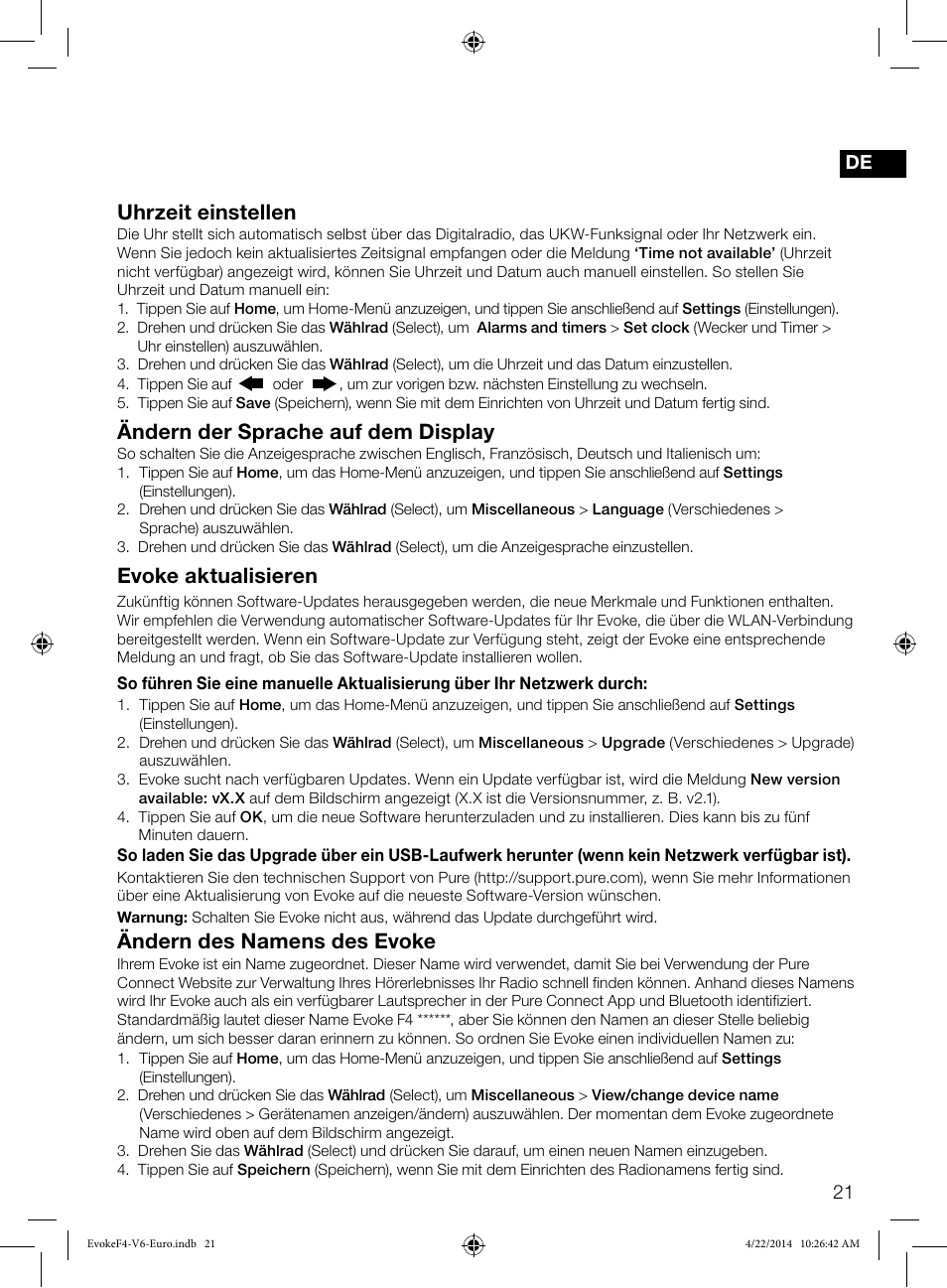 Evoke aktualisieren, Ändern des namens des evoke, Uhrzeit einstellen | Ändern der sprache auf dem display | Pure Evoke F4 with Bluetooth User Manual | Page 47 / 164