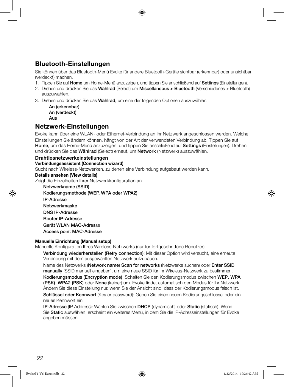 Netzwerk-einstellungen, Bluetooth-einstellungen | Pure Evoke F4 with Bluetooth User Manual | Page 48 / 164