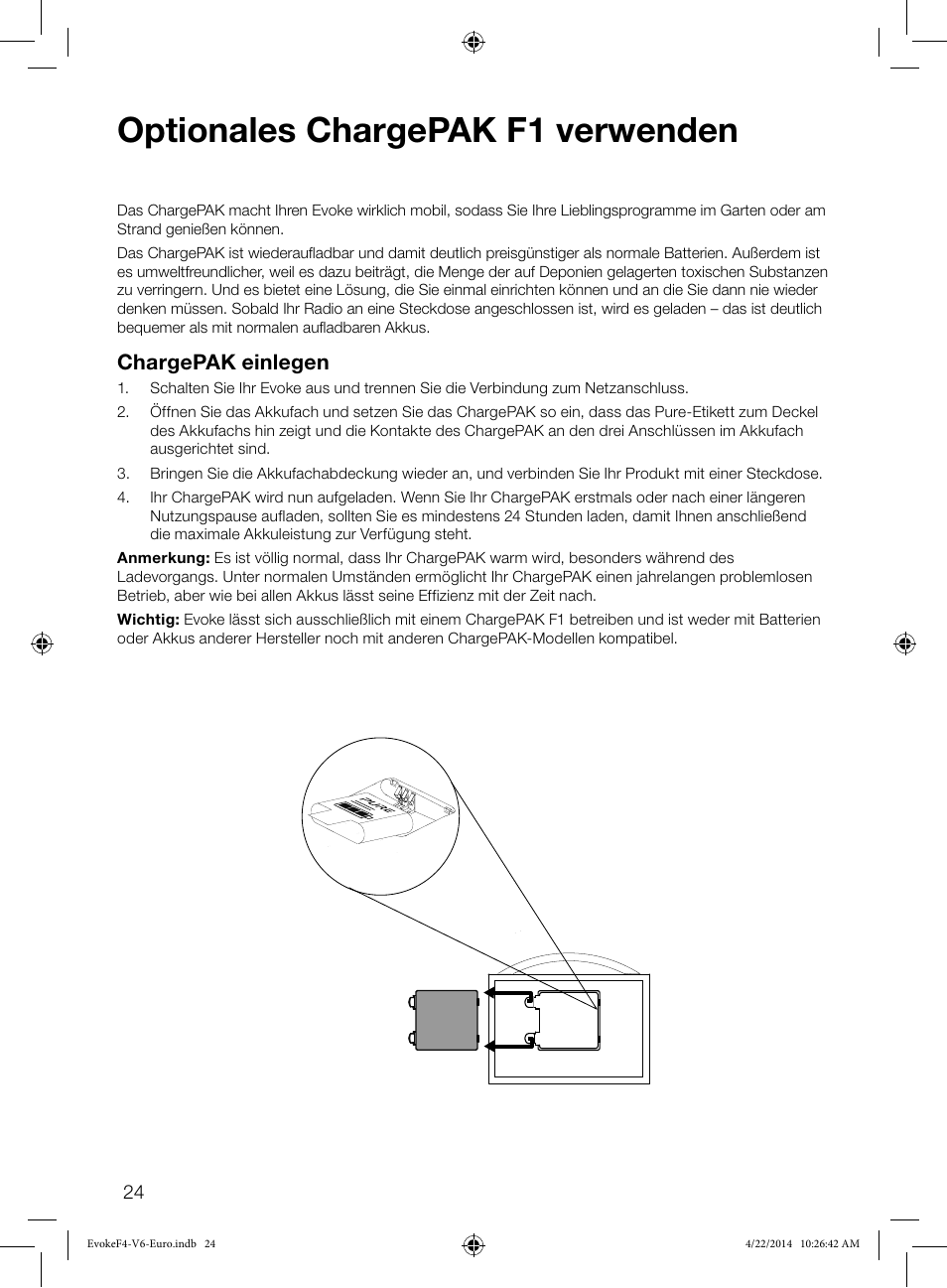 Optionales chargepak f1 verwenden, Chargepak einlegen | Pure Evoke F4 with Bluetooth User Manual | Page 50 / 164