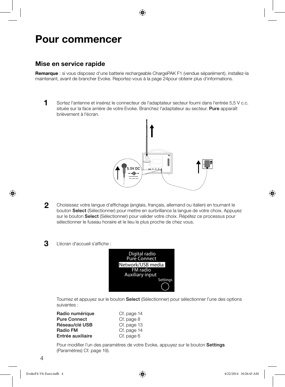 Pour commencer, Mise en service rapide | Pure Evoke F4 with Bluetooth User Manual | Page 58 / 164