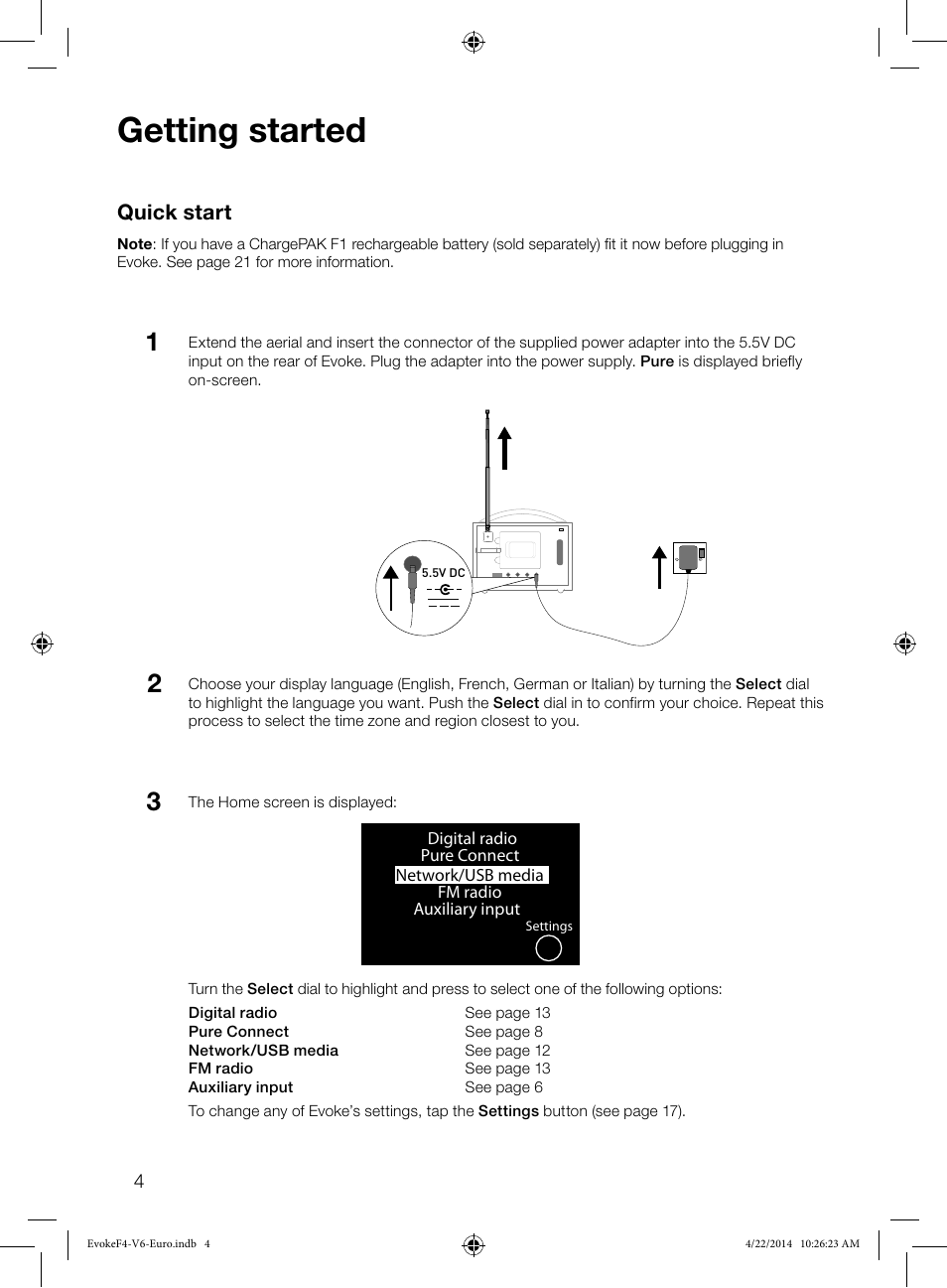 Getting started, Quick start | Pure Evoke F4 with Bluetooth User Manual | Page 6 / 164