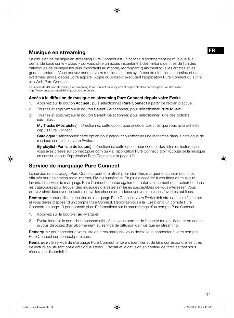Musique en streaming, Service de marquage pure connect, 11 fr | Pure Evoke F4 with Bluetooth User Manual | Page 65 / 164