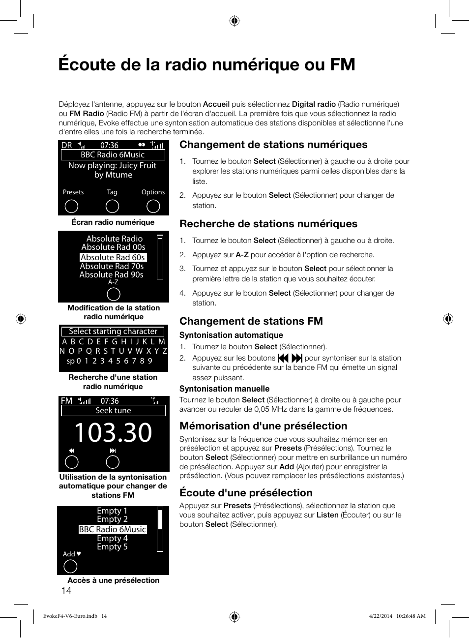 Écoute de la radio numérique ou fm, Changement de stations numériques, Recherche de stations numériques | Changement de stations fm, Mémorisation d'une présélection, Écoute d'une présélection | Pure Evoke F4 with Bluetooth User Manual | Page 68 / 164