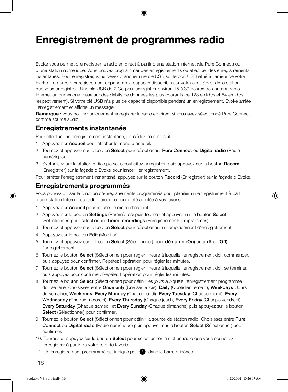 Enregistrement de programmes radio, Enregistrements instantanés, Enregistrements programmés | Pure Evoke F4 with Bluetooth User Manual | Page 70 / 164