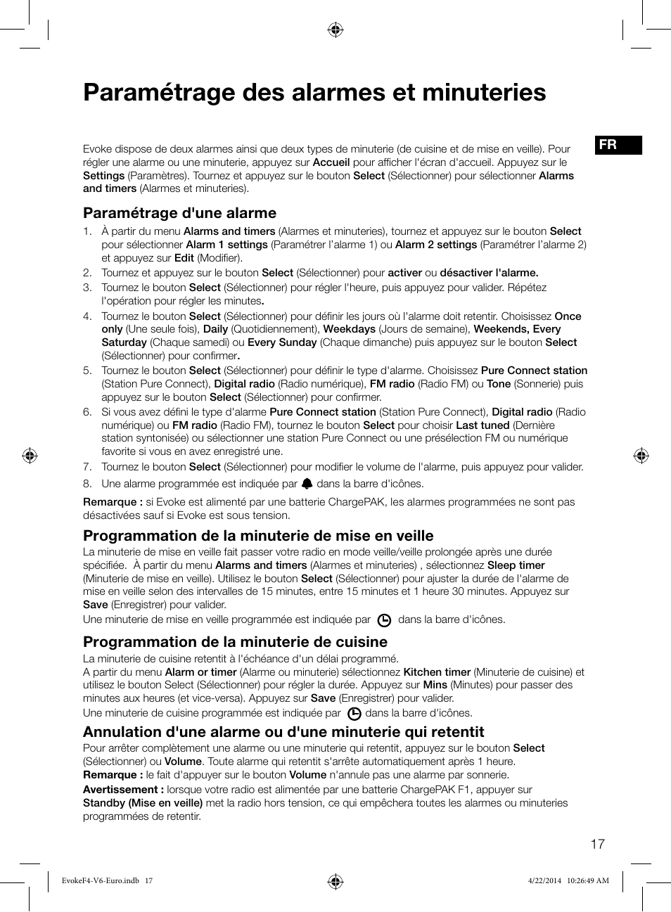 Paramétrage des alarmes et minuteries, Paramétrage d'une alarme, Programmation de la minuterie de mise en veille | Programmation de la minuterie de cuisine | Pure Evoke F4 with Bluetooth User Manual | Page 71 / 164