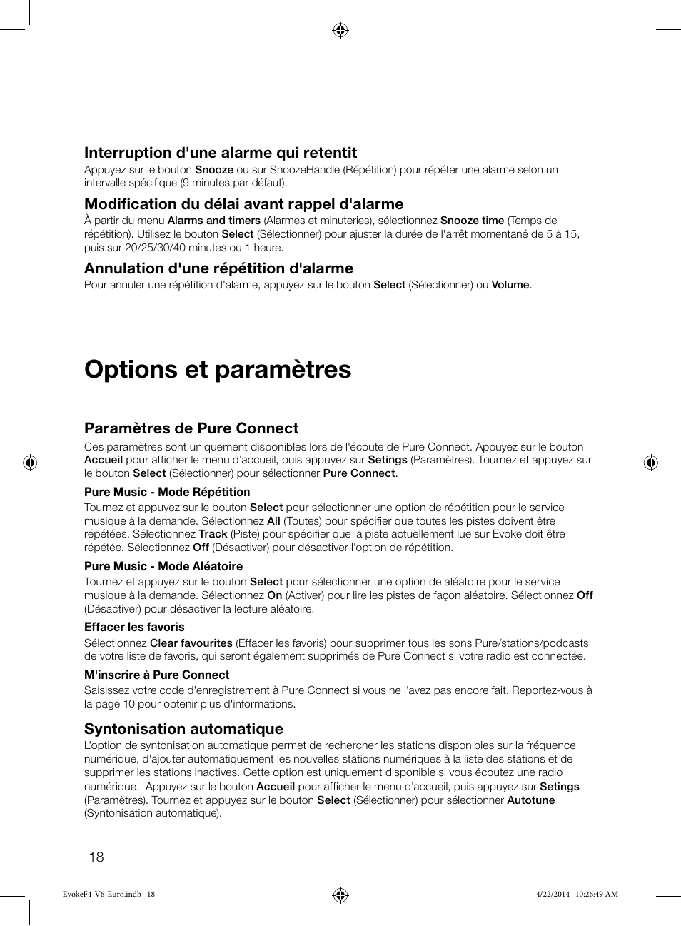 Options et paramètres, Interruption d'une alarme qui retentit, Modification du délai avant rappel d'alarme | Annulation d'une répétition d'alarme, Paramètres de pure connect, Syntonisation automatique | Pure Evoke F4 with Bluetooth User Manual | Page 72 / 164