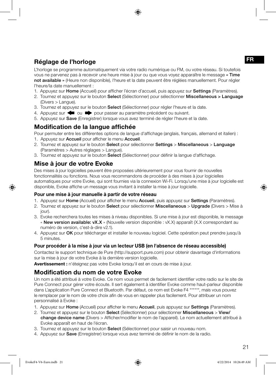 Réglage de l’horloge, Modification de la langue affichée, Mise à jour de votre evoke | Modification du nom de votre evoke | Pure Evoke F4 with Bluetooth User Manual | Page 75 / 164