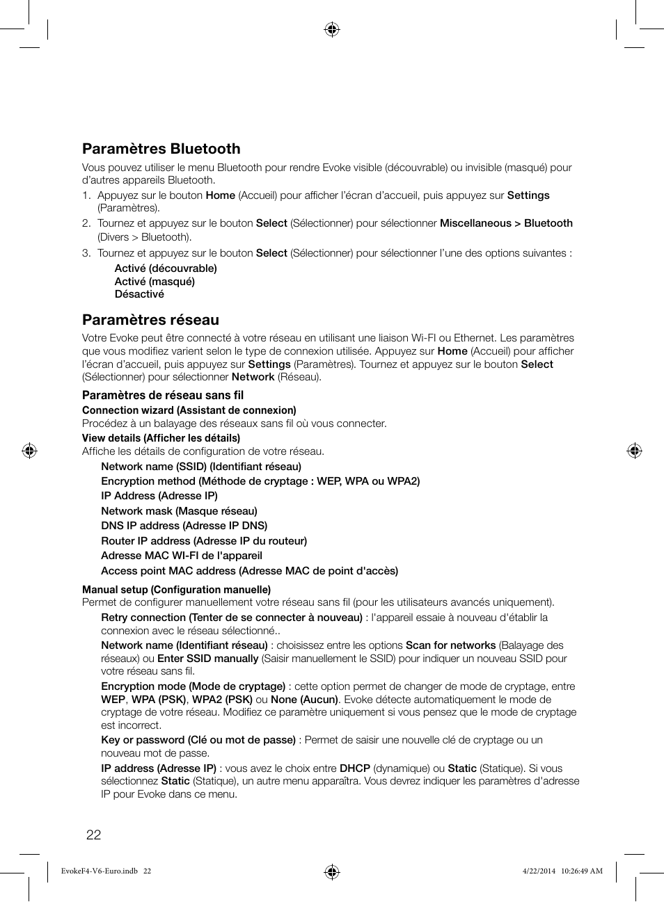 Paramètres réseau, Paramètres bluetooth | Pure Evoke F4 with Bluetooth User Manual | Page 76 / 164