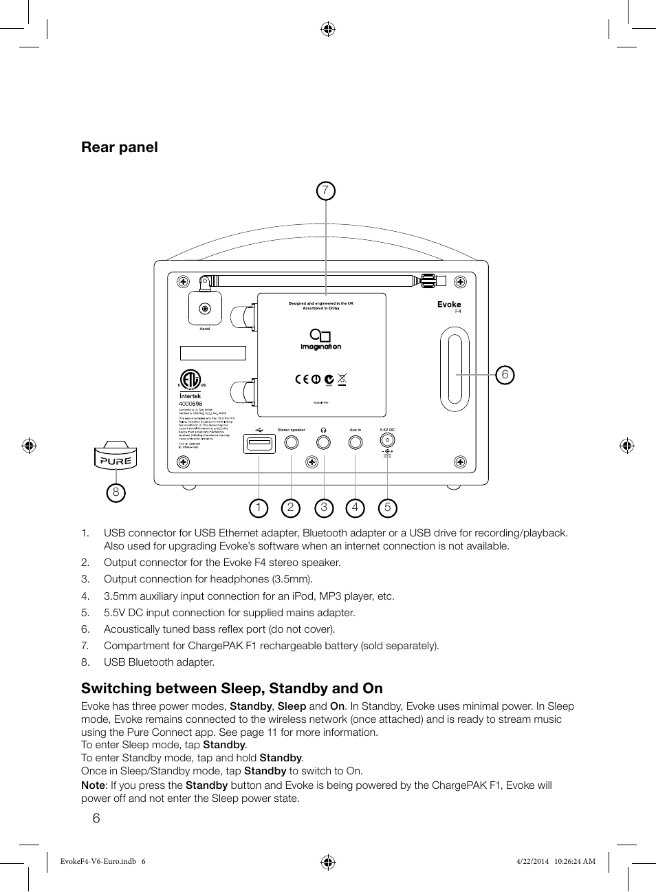 Rear panel switching between sleep, standby and on | Pure Evoke F4 with Bluetooth User Manual | Page 8 / 164