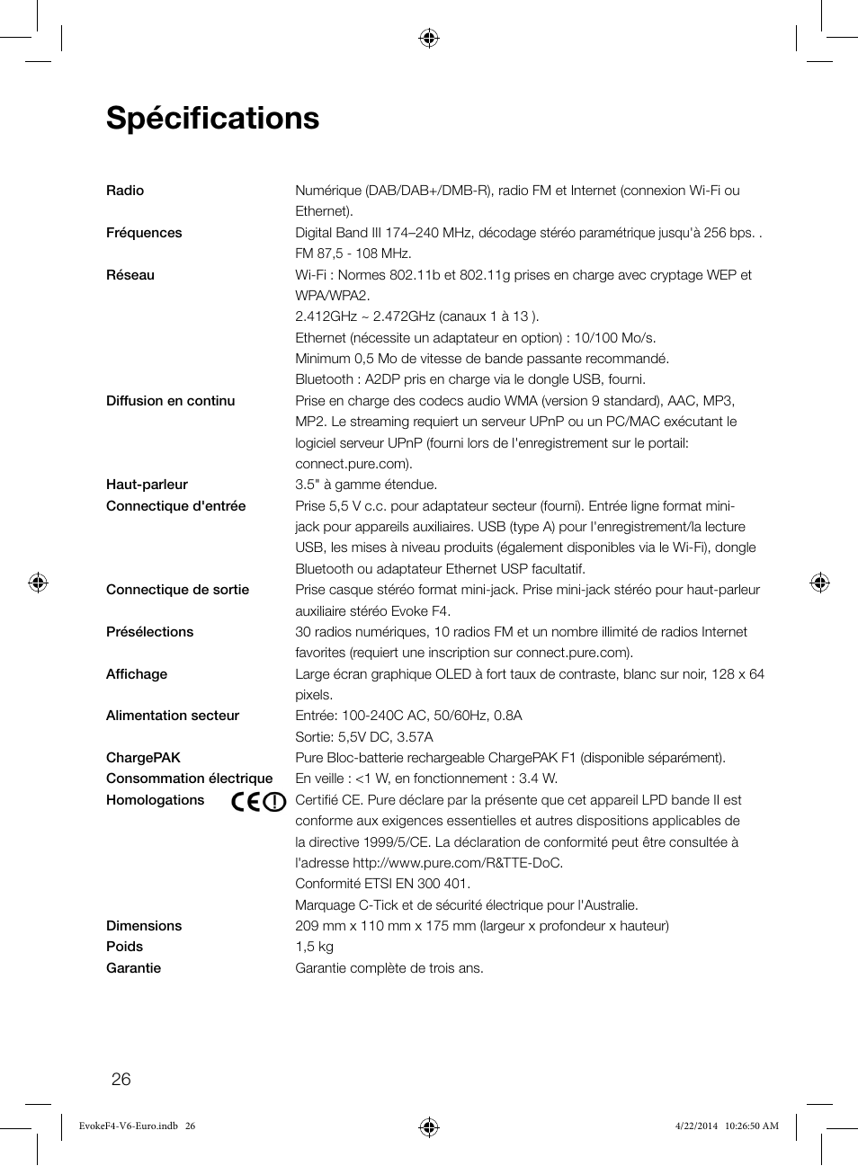 Spécifications | Pure Evoke F4 with Bluetooth User Manual | Page 80 / 164