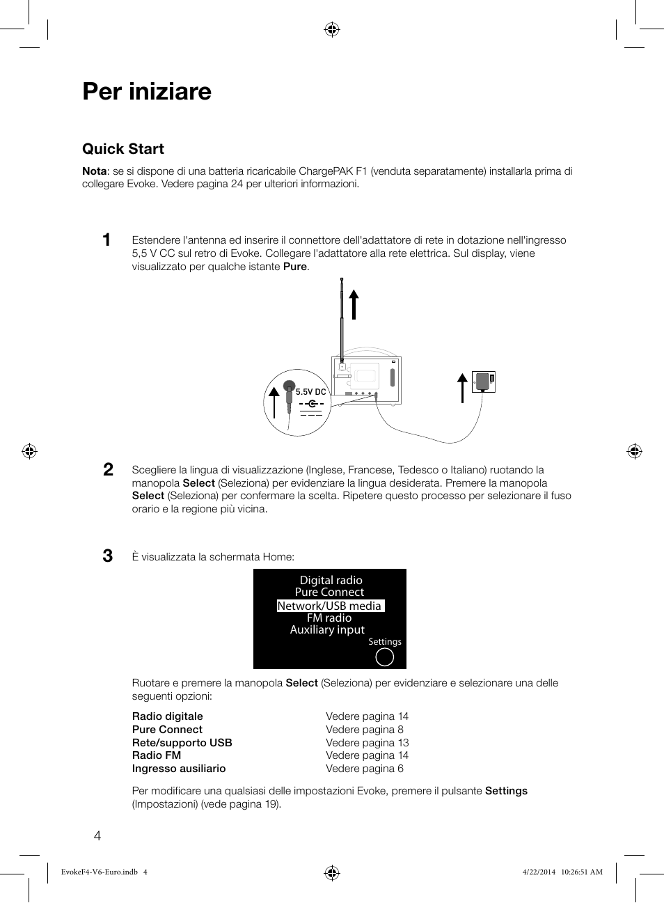 Per iniziare, Quick start | Pure Evoke F4 with Bluetooth User Manual | Page 86 / 164