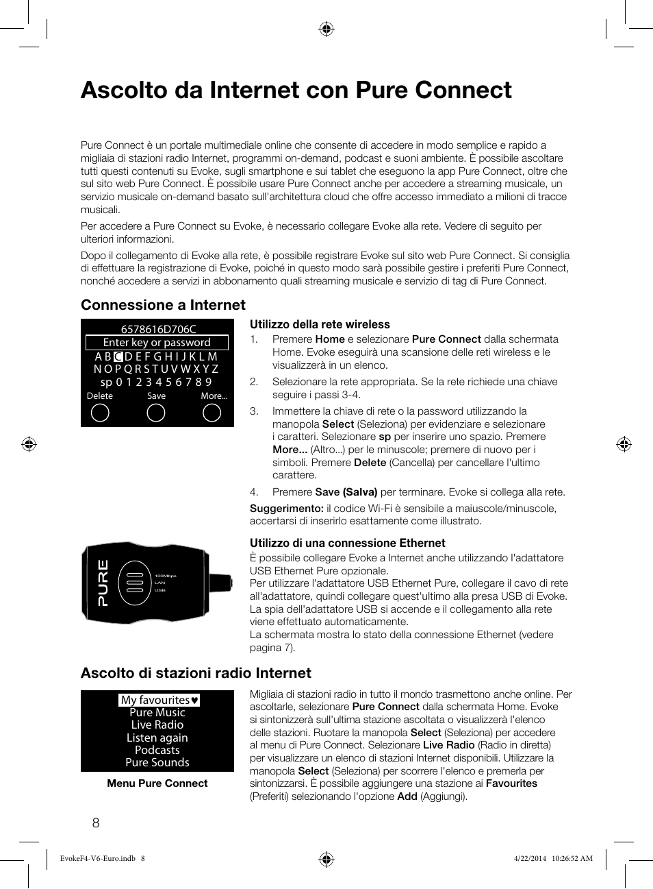 Ascolto da internet con pure connect, Connessione a internet, Ascolto di stazioni radio internet | Pure Evoke F4 with Bluetooth User Manual | Page 90 / 164