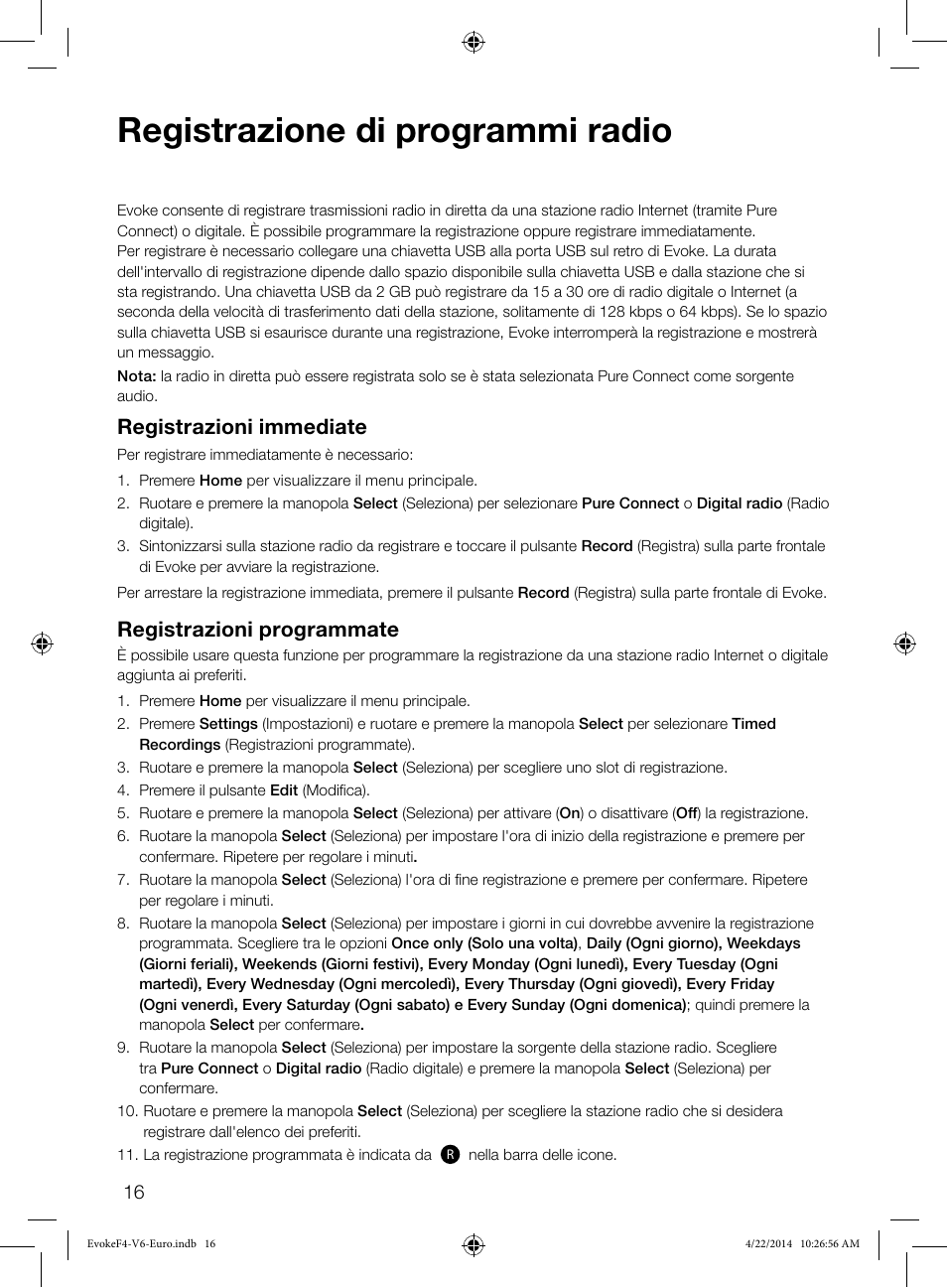 Registrazione di programmi radio, Registrazioni immediate, Registrazioni programmate | Pure Evoke F4 with Bluetooth User Manual | Page 98 / 164