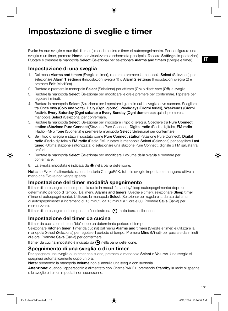 Impostazione di sveglie e timer, Impostazione di una sveglia, Impostazione del timer modalità spegnimento | Impostazione del timer da cucina, Spegnimento di una sveglia o di un timer | Pure Evoke F4 with Bluetooth User Manual | Page 99 / 164