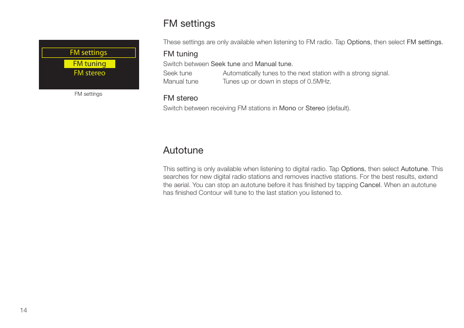 Fm settings, Autotune | Pure Contour - User Guide User Manual | Page 14 / 22