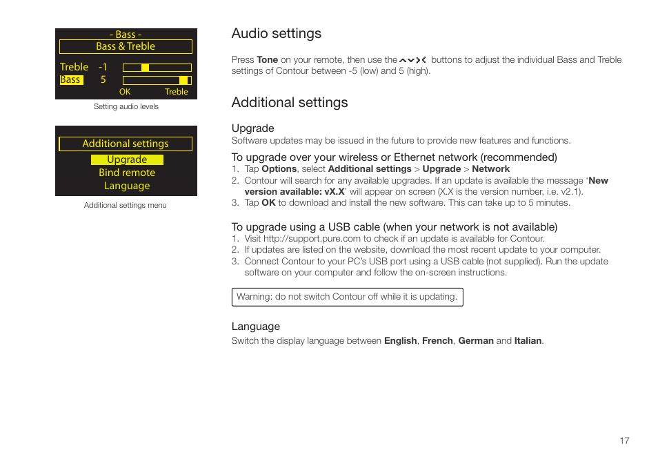 Audio settings, Additional settings, Additional settings audio settings | Pure Contour - User Guide User Manual | Page 17 / 22