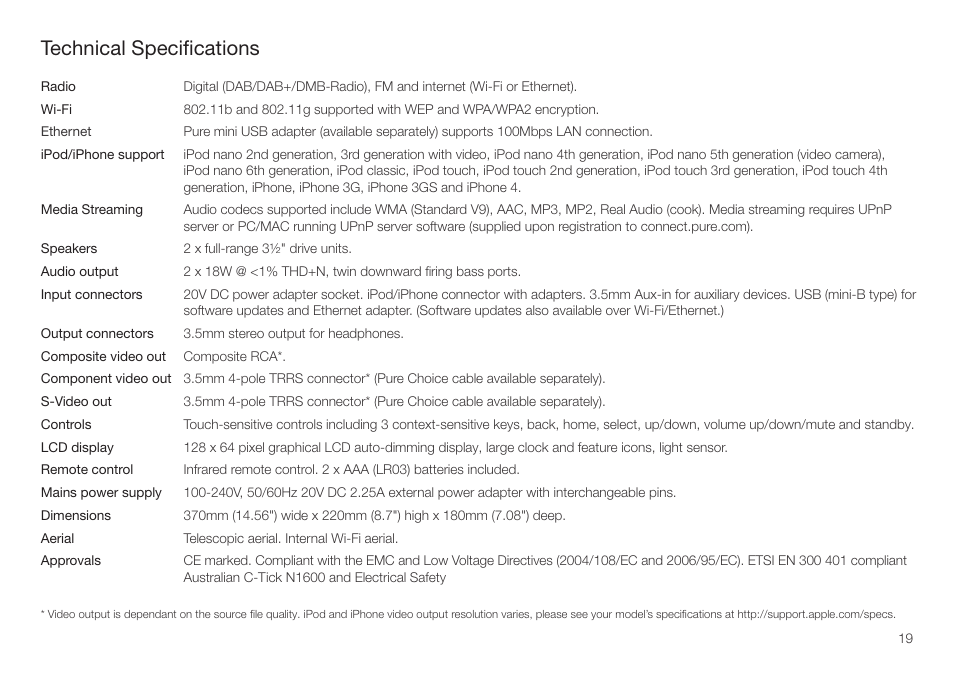 Technical specifications | Pure Contour - User Guide User Manual | Page 19 / 22