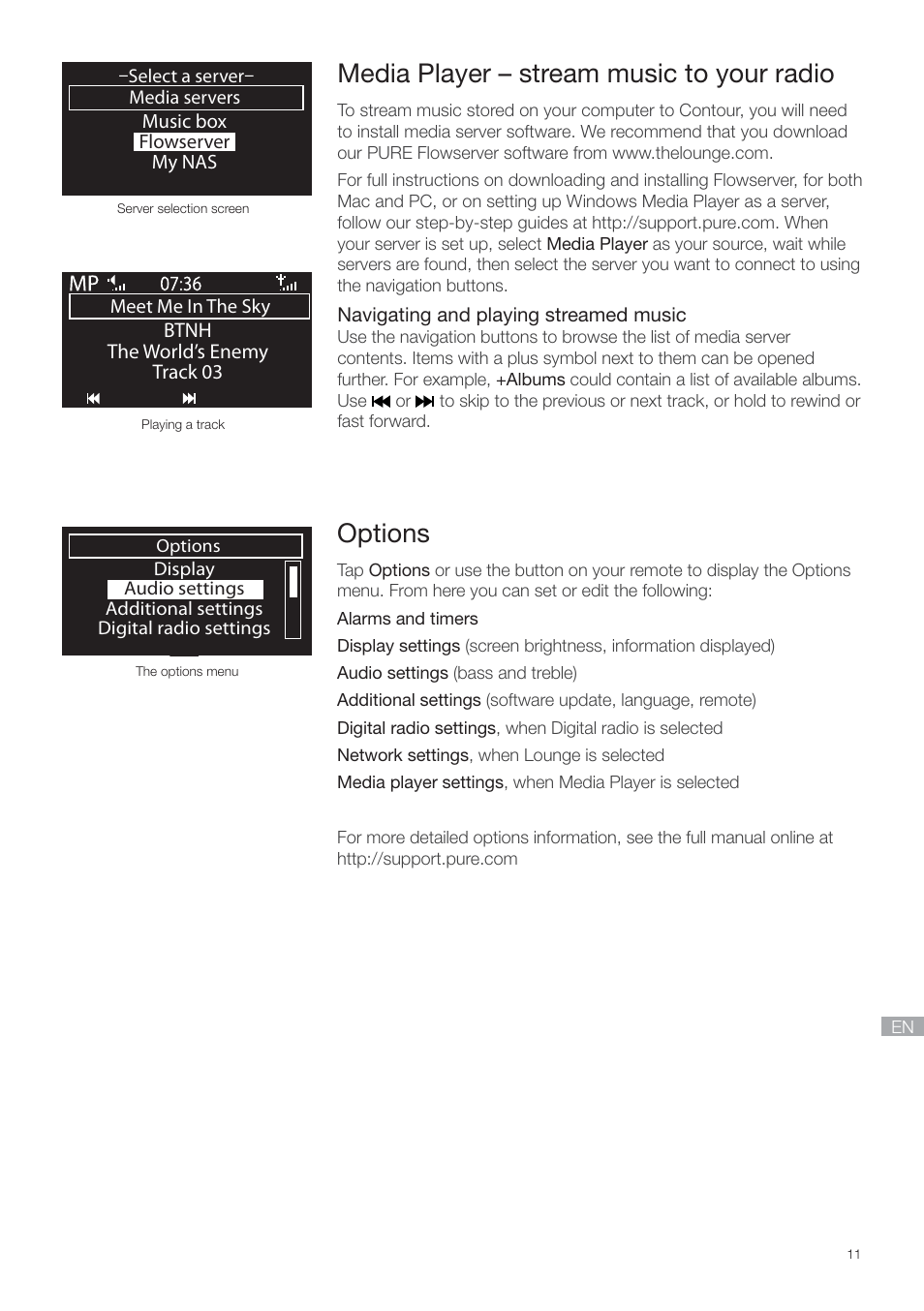Media player, Options, Media player – stream music to your radio | Pure Contour - Quick Start Guide User Manual | Page 11 / 76