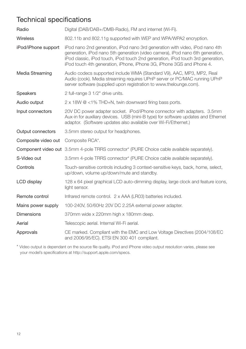 Technical specifications, Technical speciﬁcations | Pure Contour - Quick Start Guide User Manual | Page 12 / 76