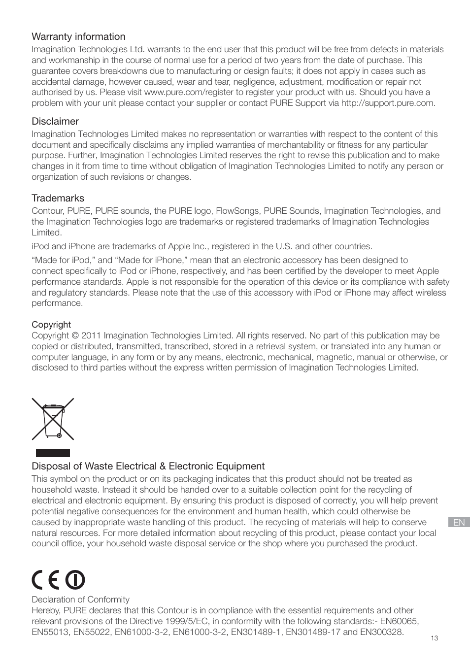 Warranty information | Pure Contour - Quick Start Guide User Manual | Page 13 / 76