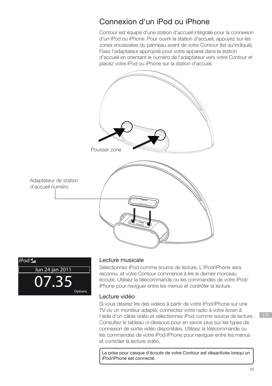 Connexion d'un ipod ou iphone | Pure Contour - Quick Start Guide User Manual | Page 19 / 76