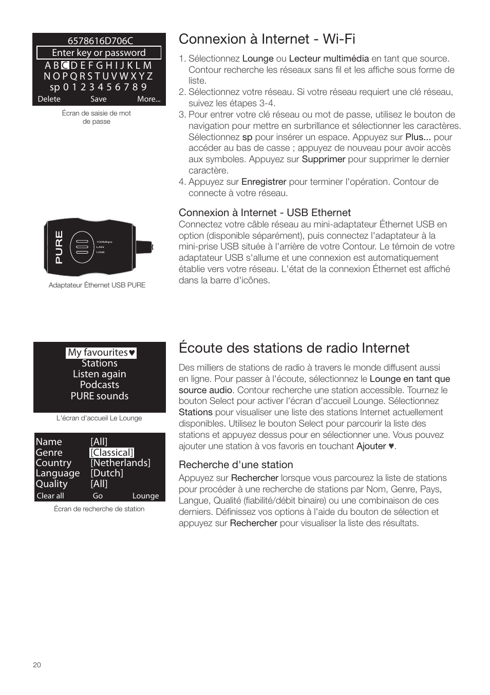 Connexion à internet, Écoute des stations de radio internet, Connexion à internet - wi-fi | Pure Contour - Quick Start Guide User Manual | Page 20 / 76