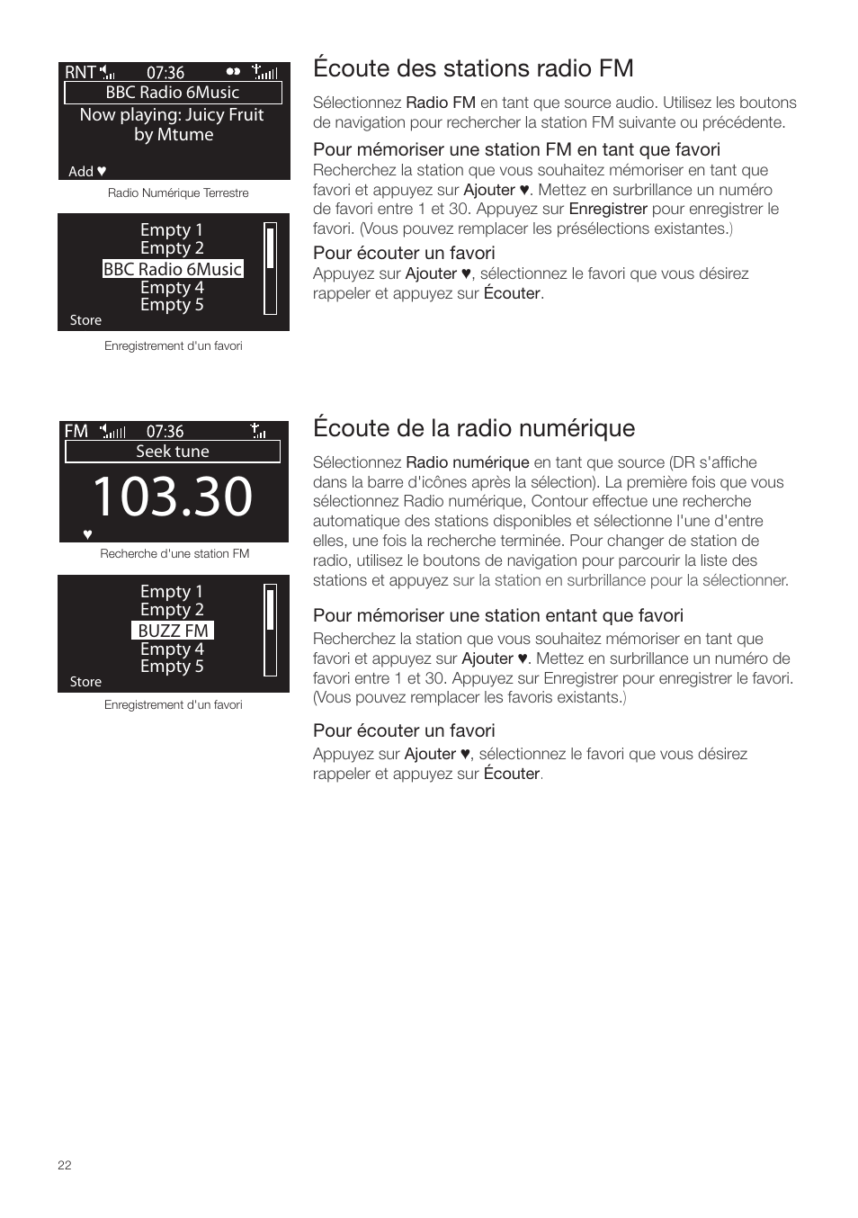 Écoute des stations radio fm, Écoute de la radio numérique | Pure Contour - Quick Start Guide User Manual | Page 22 / 76