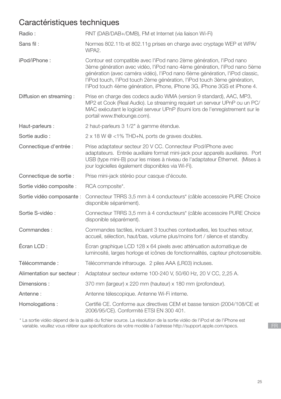 Caractéristiques techniques | Pure Contour - Quick Start Guide User Manual | Page 25 / 76