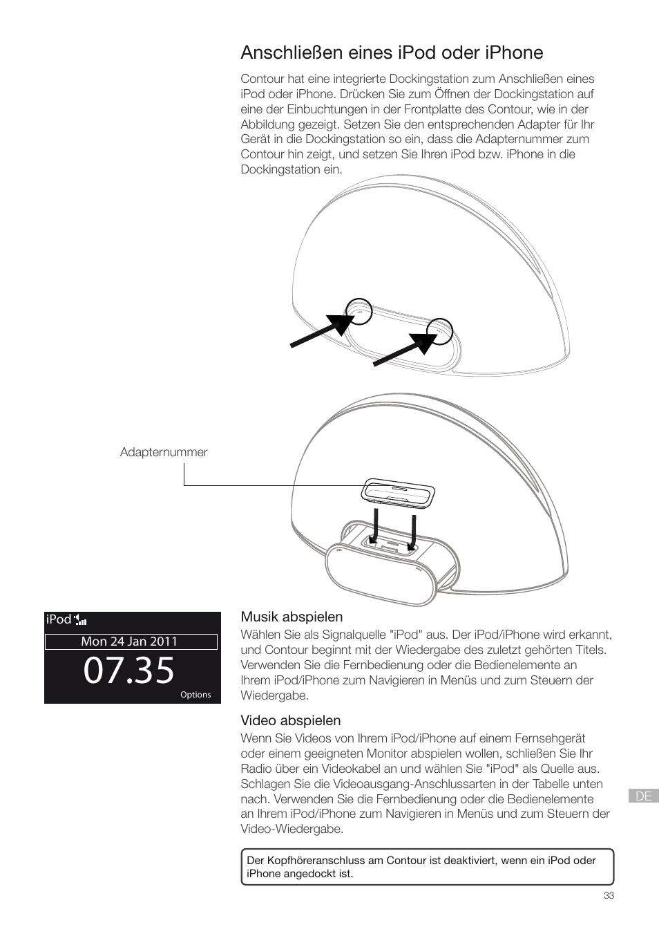 Anschließen eines ipod oder iphone | Pure Contour - Quick Start Guide User Manual | Page 33 / 76