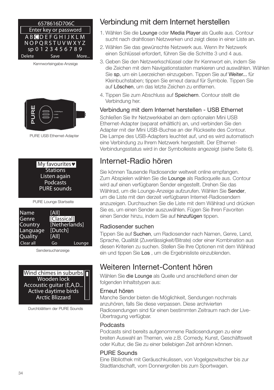 Verbindung mit dem internet herstellen, Internet-radio hören, Weiteren internet-content hören | Pure Contour - Quick Start Guide User Manual | Page 34 / 76