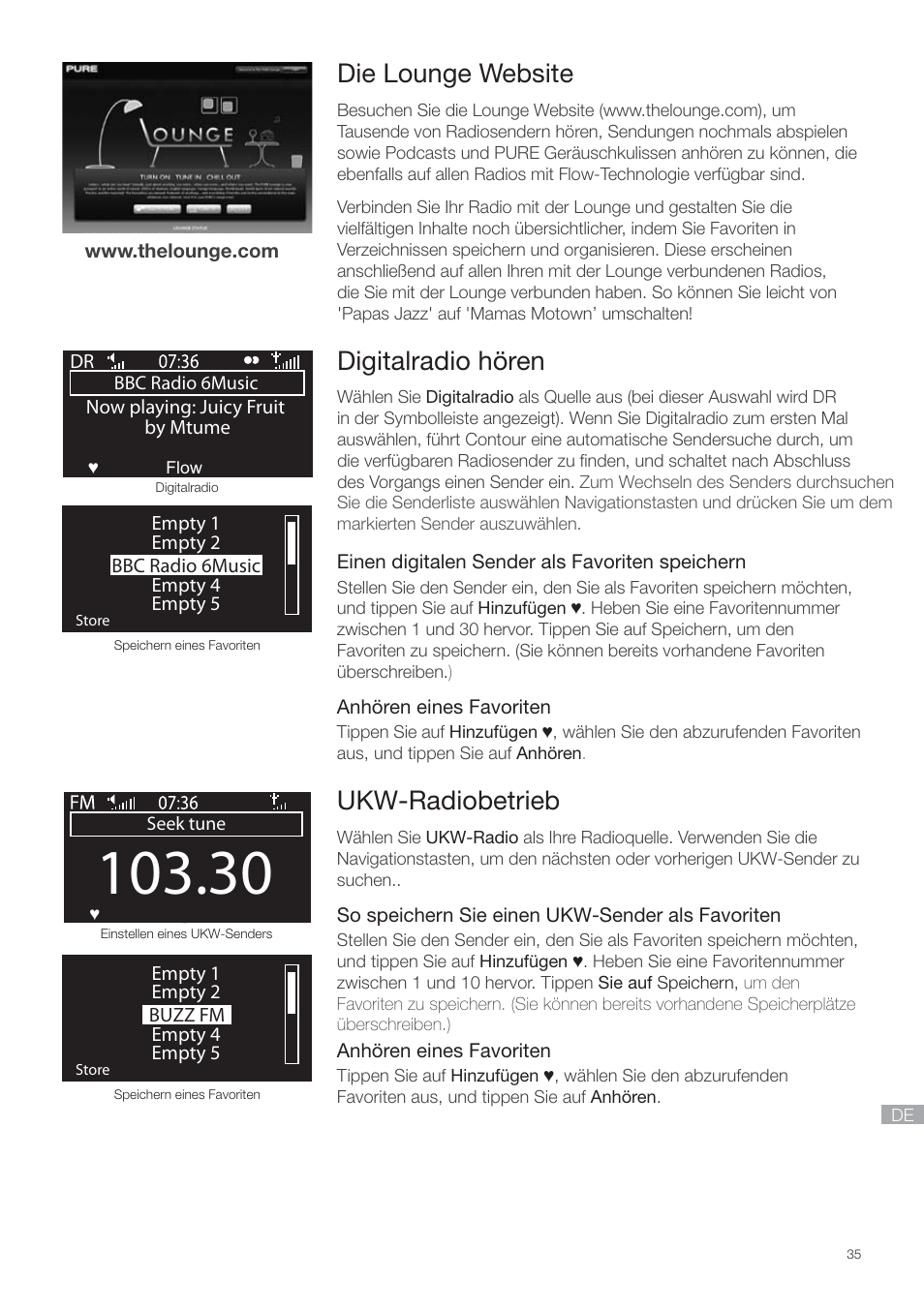 Die lounge website, Digitalradio hören, Ukw-radiobetrieb | Pure Contour - Quick Start Guide User Manual | Page 35 / 76