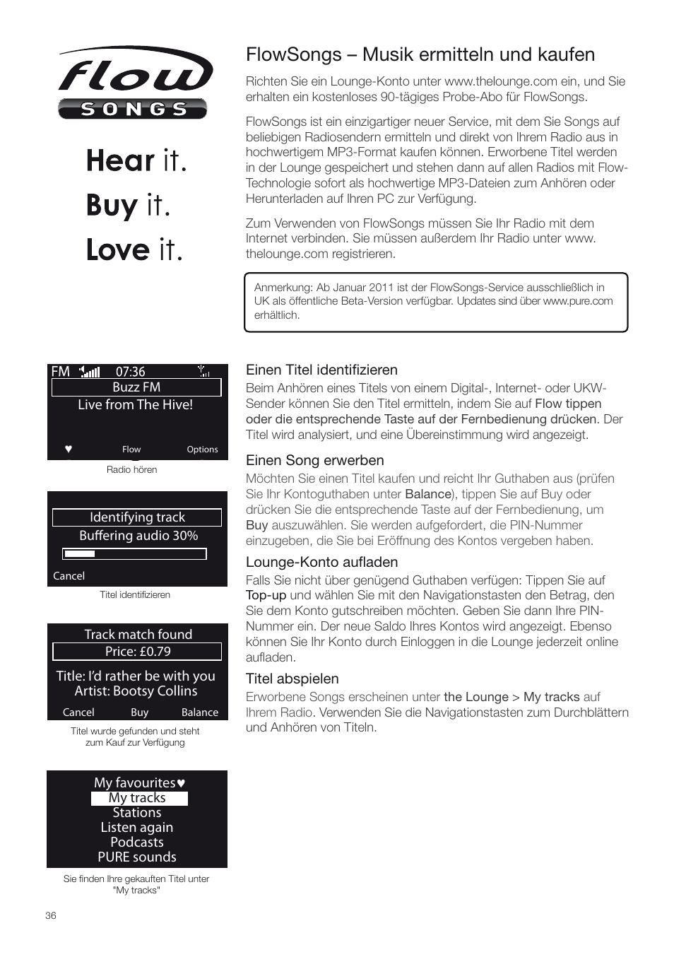 Flowsongs, Flowsongs – musik ermitteln und kaufen | Pure Contour - Quick Start Guide User Manual | Page 36 / 76