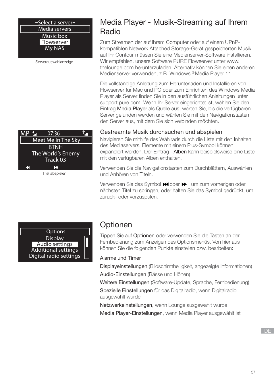 Media player, Optionen, Media player - musik-streaming auf ihrem radio | Pure Contour - Quick Start Guide User Manual | Page 37 / 76