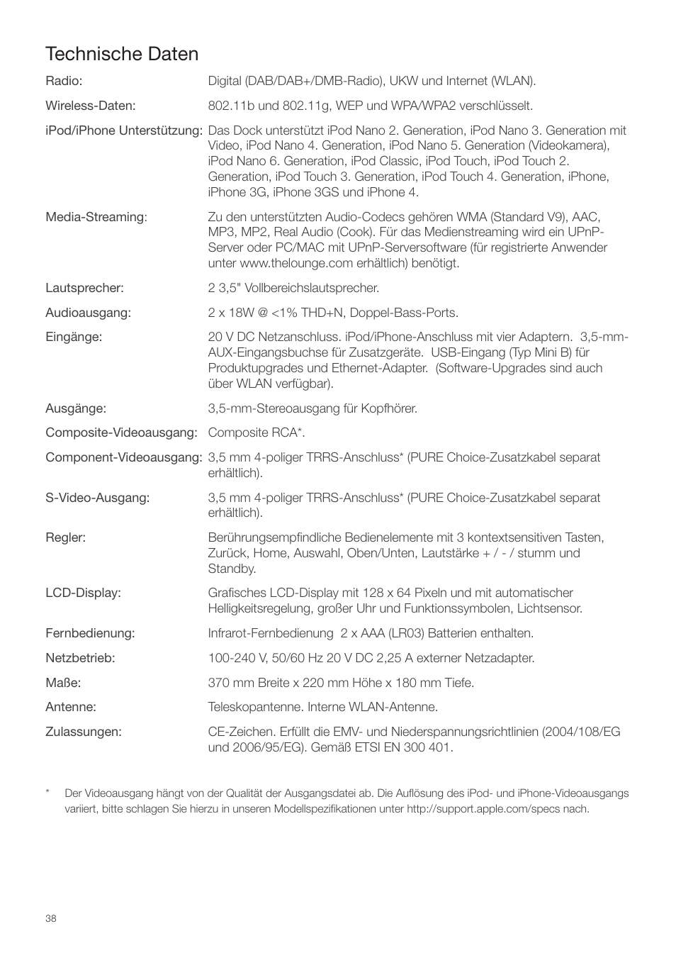 Technische daten | Pure Contour - Quick Start Guide User Manual | Page 38 / 76