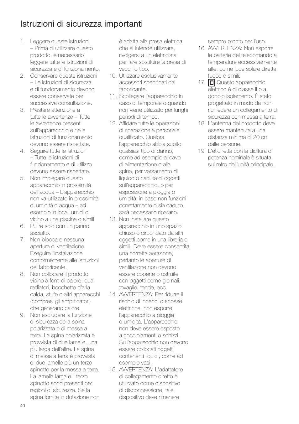 Istruzioni di sicurezza importanti | Pure Contour - Quick Start Guide User Manual | Page 40 / 76