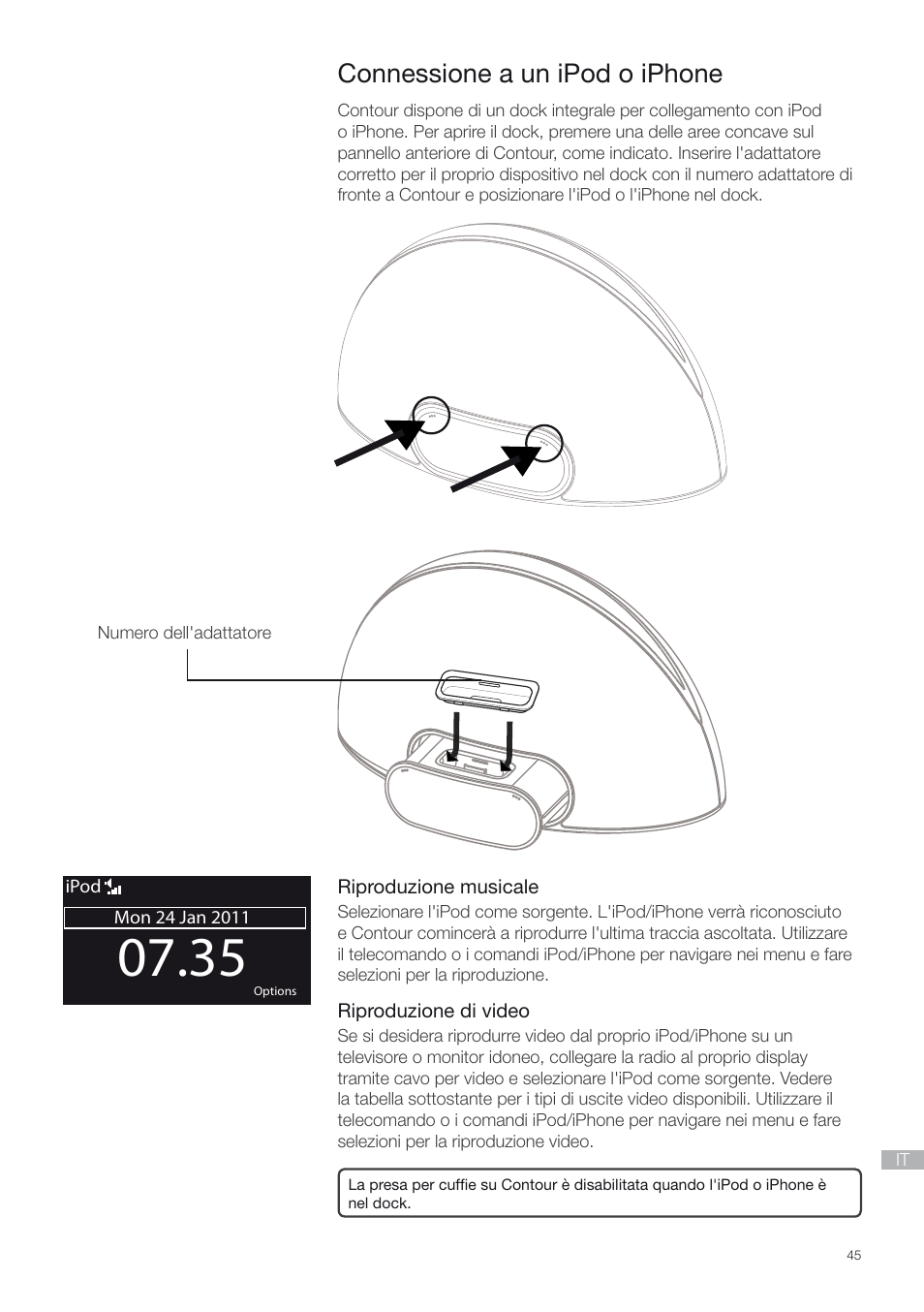 Connessione a un ipod o iphone | Pure Contour - Quick Start Guide User Manual | Page 45 / 76