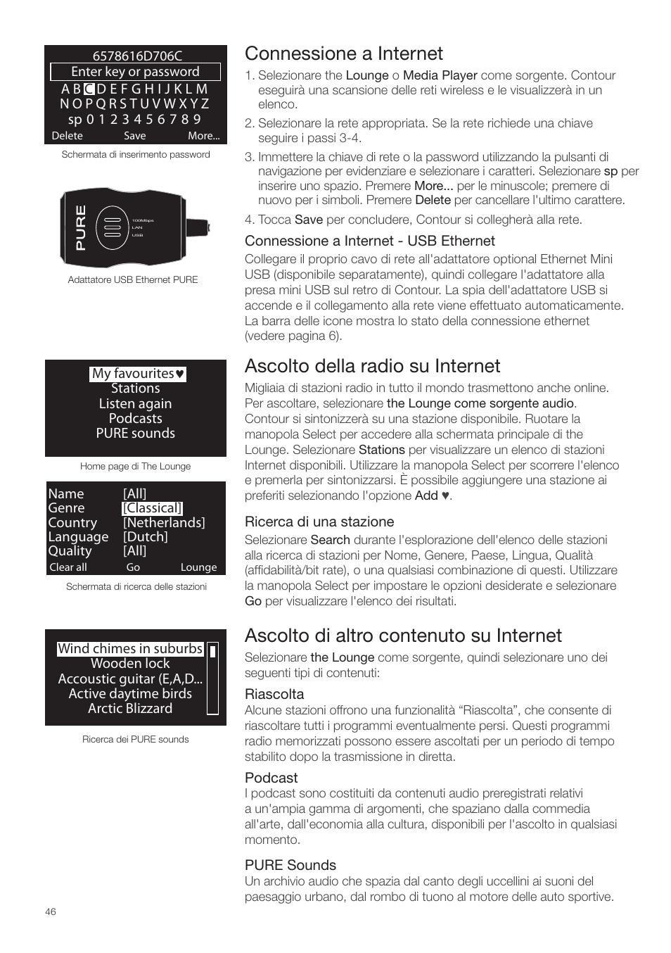 Connessione a internet, Ascolto della radio su internet, Ascolto di altro contenuto su internet | Pure Contour - Quick Start Guide User Manual | Page 46 / 76