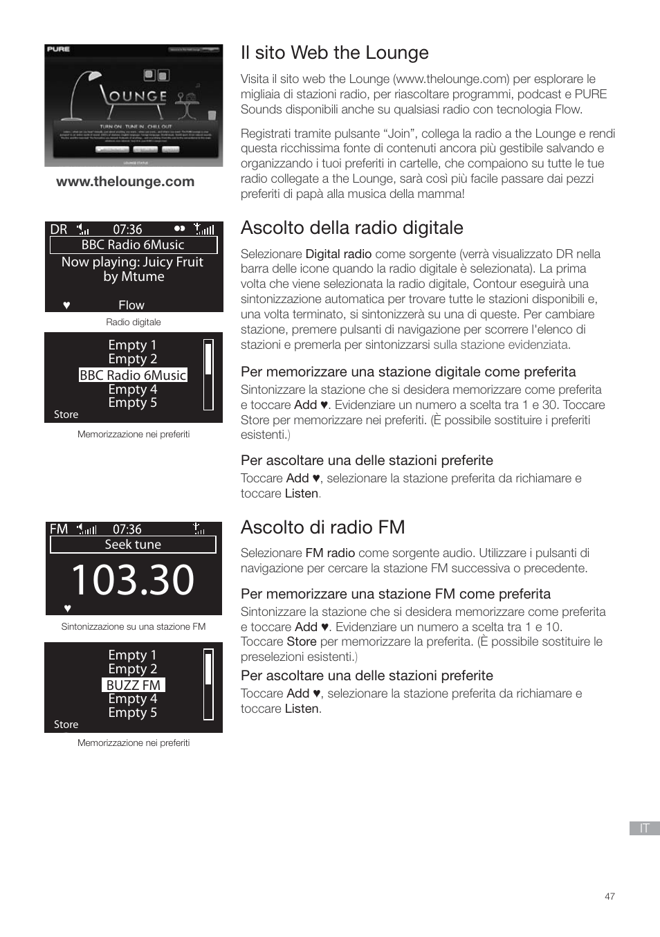 Il sito web the lounge, Ascolto della radio digitale, Ascolto di radio fm | Pure Contour - Quick Start Guide User Manual | Page 47 / 76