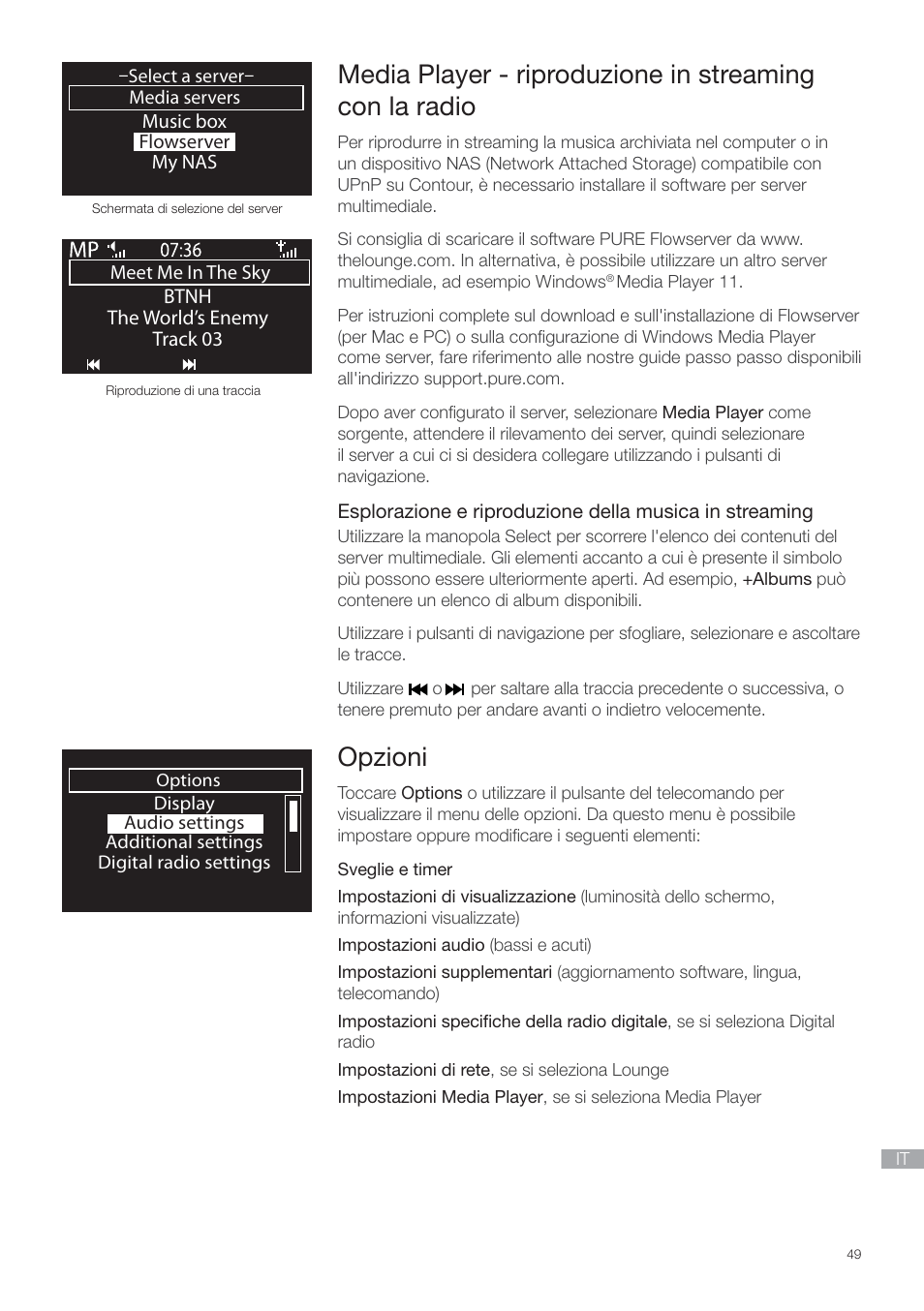 Media player, Opzioni | Pure Contour - Quick Start Guide User Manual | Page 49 / 76