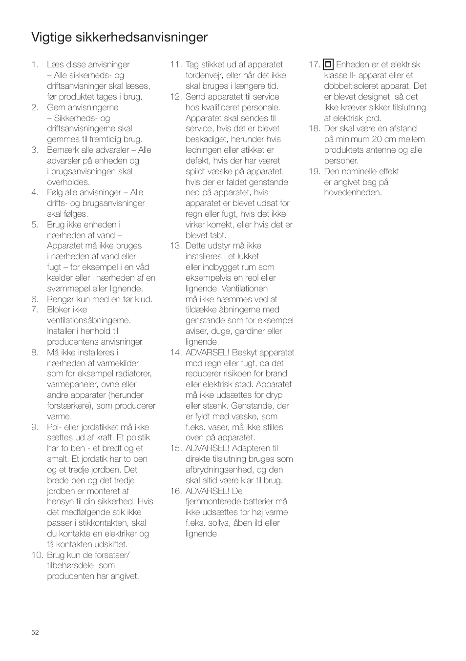 Vigtige sikkerhedsanvisninger | Pure Contour - Quick Start Guide User Manual | Page 52 / 76