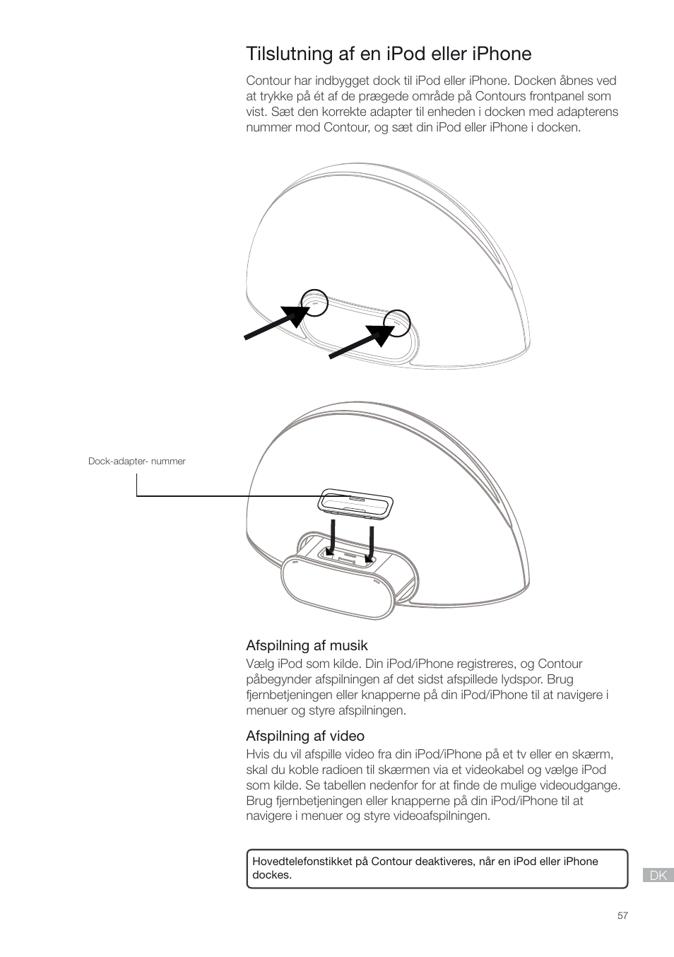 Tilslutning af en ipod eller iphone | Pure Contour - Quick Start Guide User Manual | Page 57 / 76