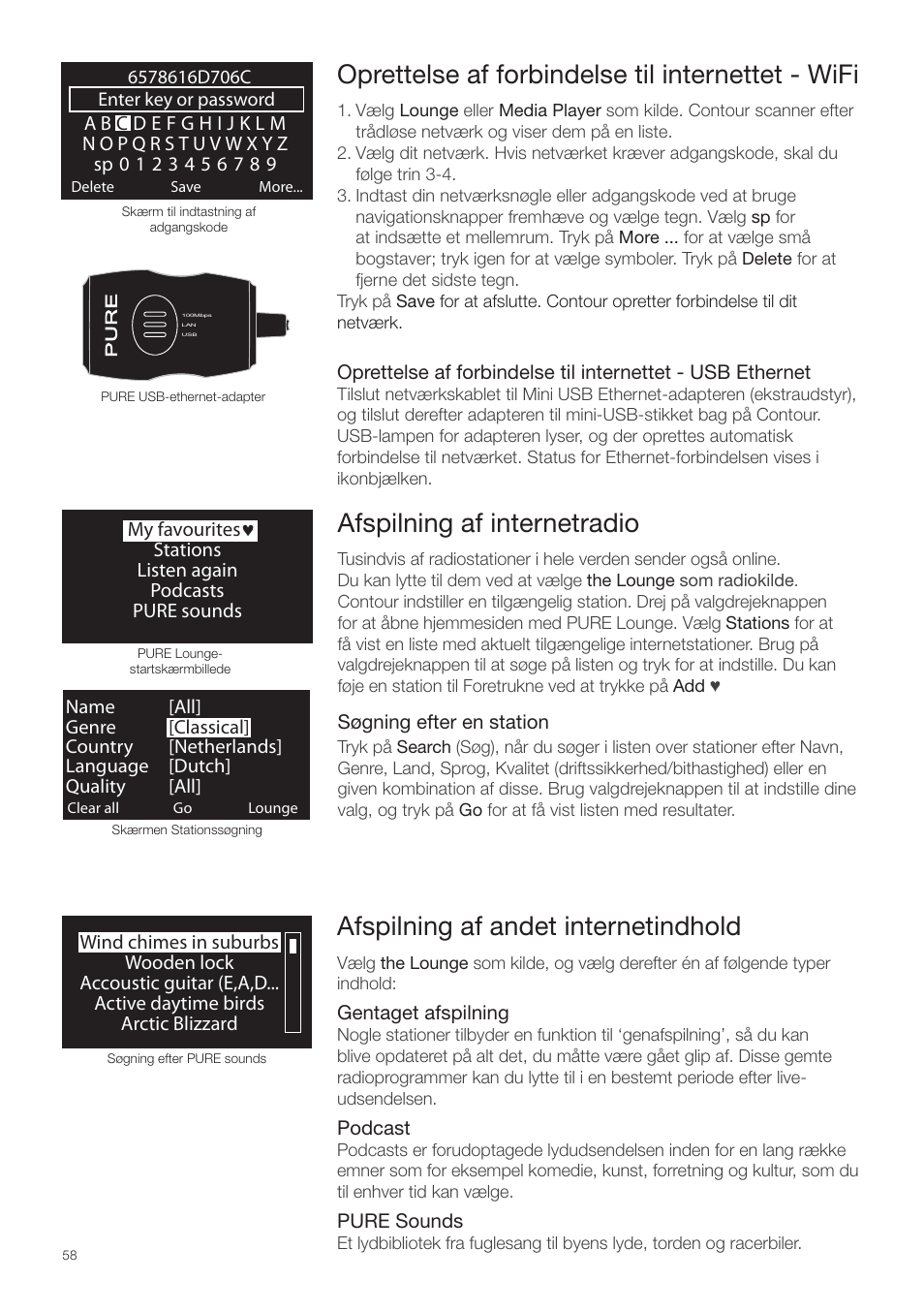 Oprettelse af forbindelse til internettet, Afspilning af internetradio, Afspilning af andet internetindhold | Oprettelse af forbindelse til internettet - wifi | Pure Contour - Quick Start Guide User Manual | Page 58 / 76