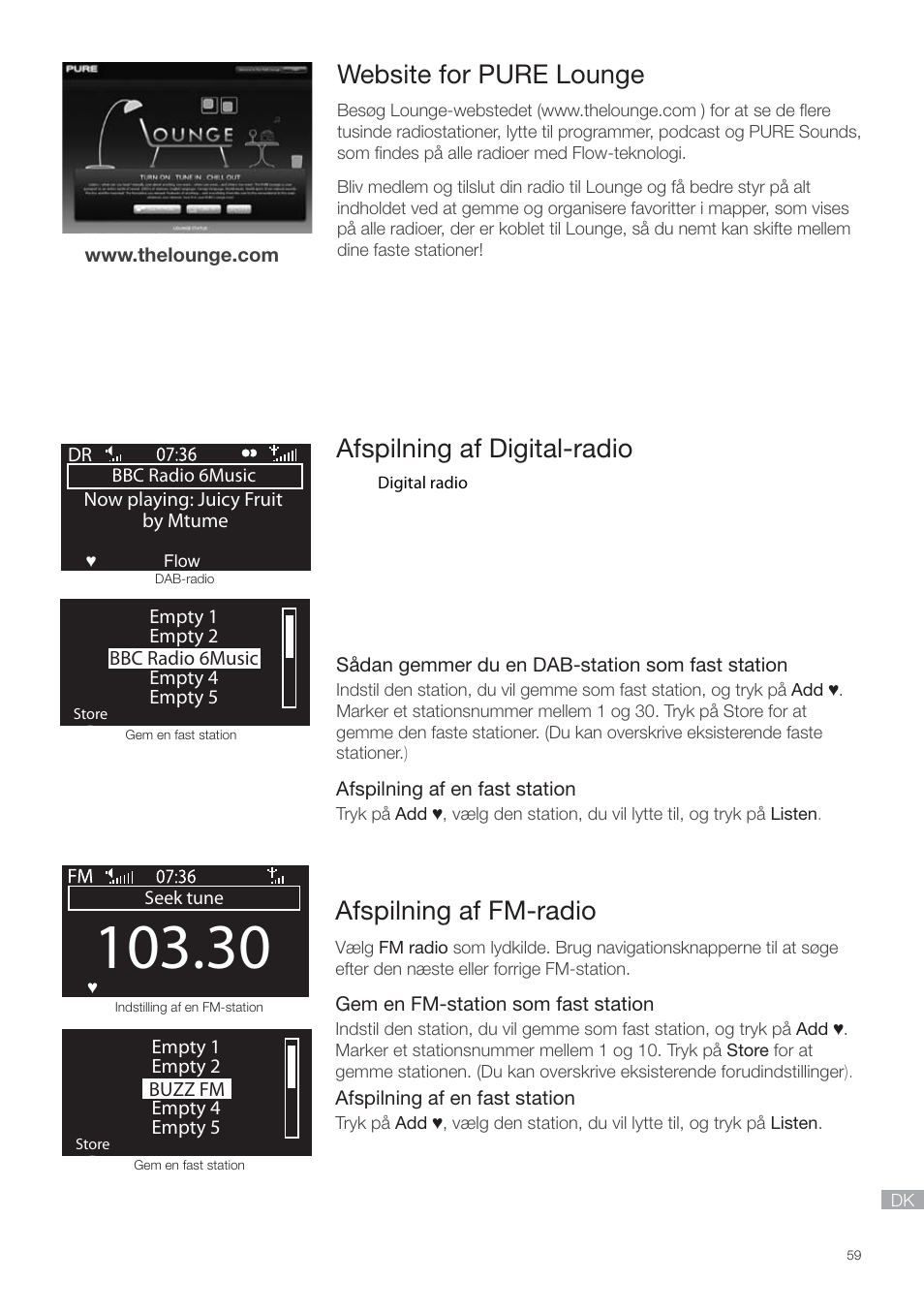Website for pure lounge, Afspilning af digital-radio, Afspilning af fm-radio | Pure Contour - Quick Start Guide User Manual | Page 59 / 76