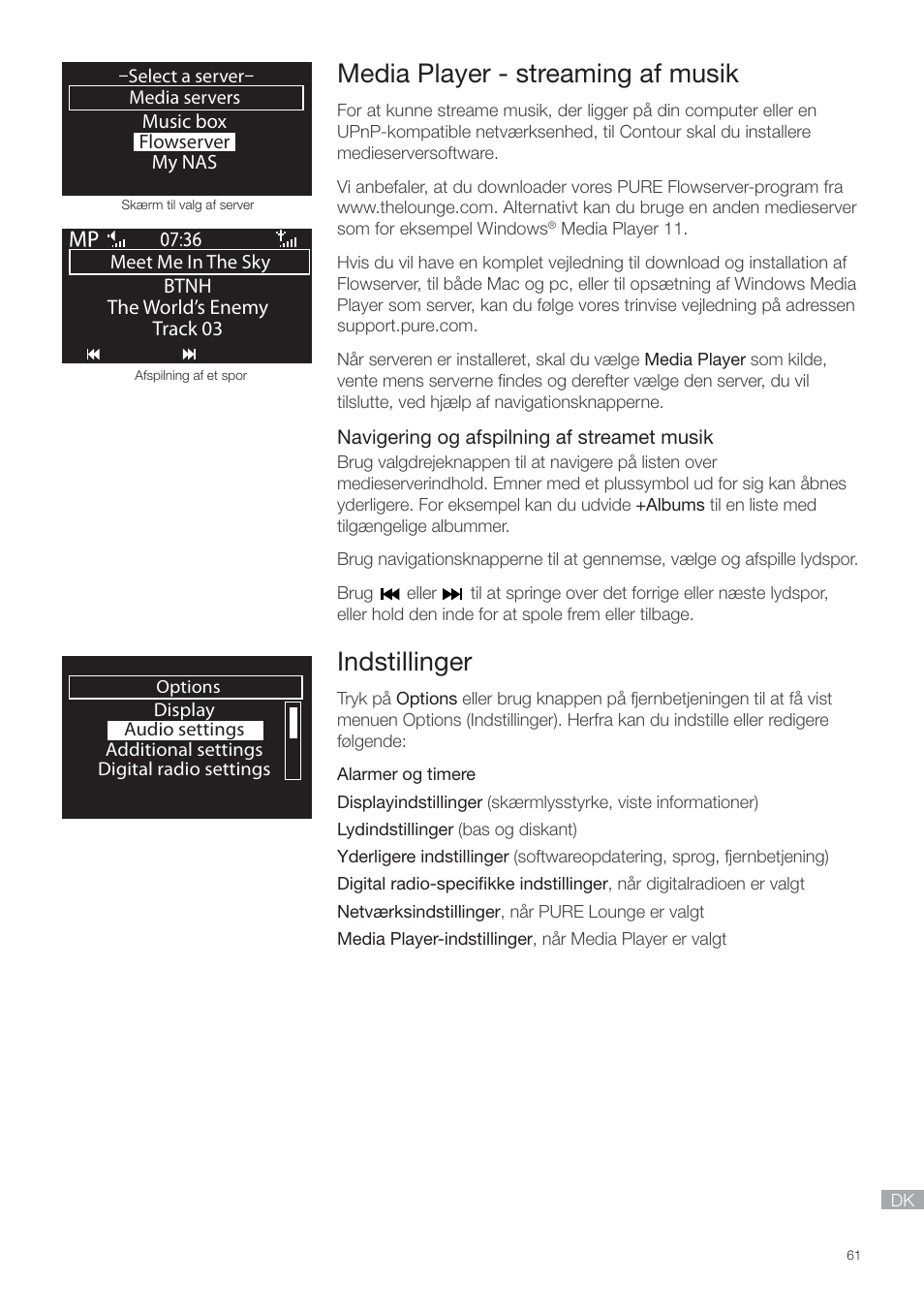Media player, Indstillinger, Media player - streaming af musik | Pure Contour - Quick Start Guide User Manual | Page 61 / 76