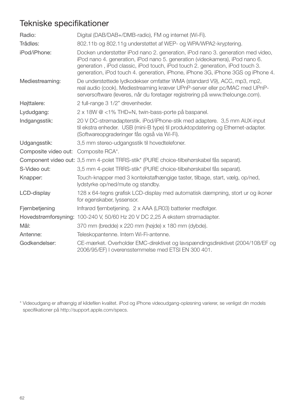 Tekniske specifikationer, Tekniske speciﬁkationer | Pure Contour - Quick Start Guide User Manual | Page 62 / 76