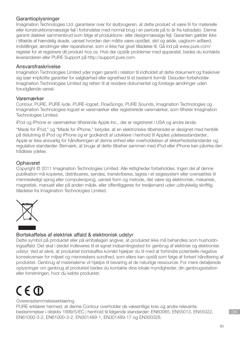 Garantioplysninger | Pure Contour - Quick Start Guide User Manual | Page 63 / 76