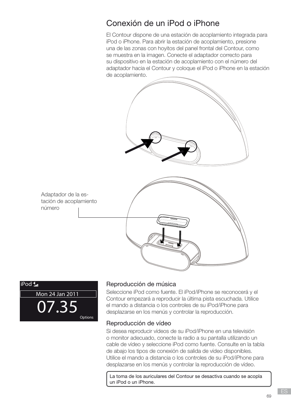 Conexión de un ipod o iphone | Pure Contour - Quick Start Guide User Manual | Page 69 / 76