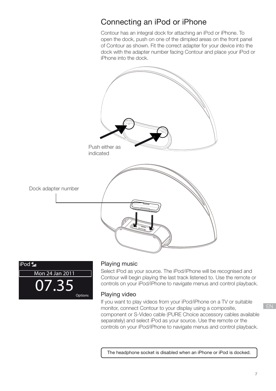 Connecting an ipod or iphone | Pure Contour - Quick Start Guide User Manual | Page 7 / 76