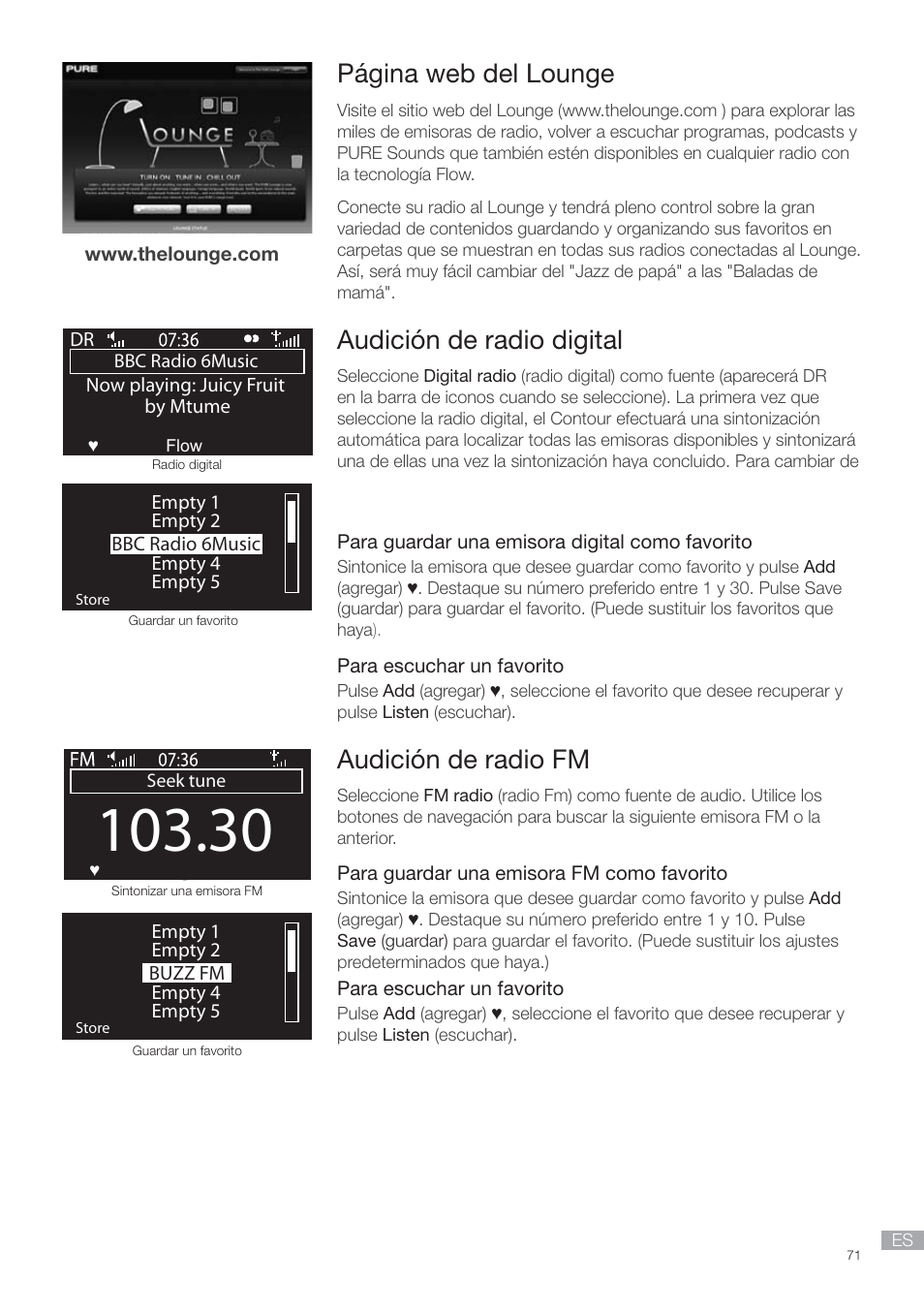 Audición de radio digital, Audición de radio fm, Página web del lounge | Pure Contour - Quick Start Guide User Manual | Page 71 / 76