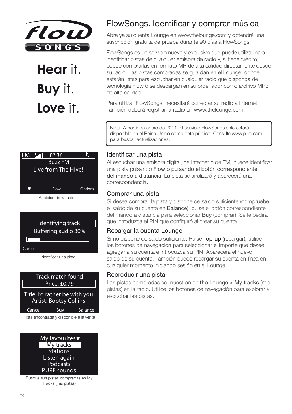 Flowsongs, Flowsongs. identiﬁcar y comprar música | Pure Contour - Quick Start Guide User Manual | Page 72 / 76